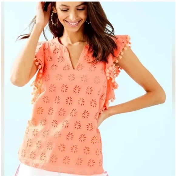 Lilly Pulitzer Tops - LILLY PULITZER Orange Eyelet “Astara” Ruffle Pom Pom Sleeve Blouse